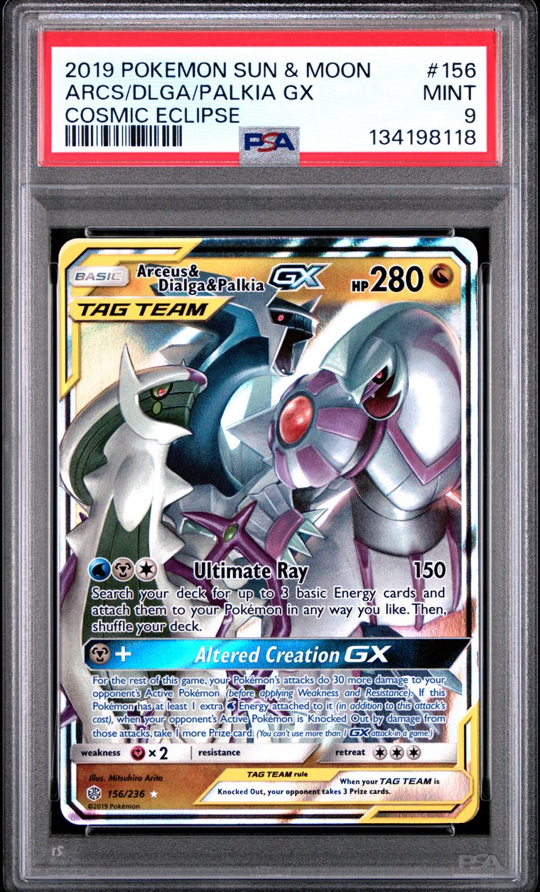PSA 9 2019 Pokemon Sun & Moon Cosmic Eclipse 156 Arceus & Dialga & Palkia Gx, PSA 9