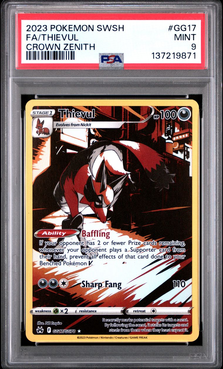 PSA 9 2023 Pokemon Sword and Shield Crown Zenith Gg17 Full Art/thievul, PSA 9