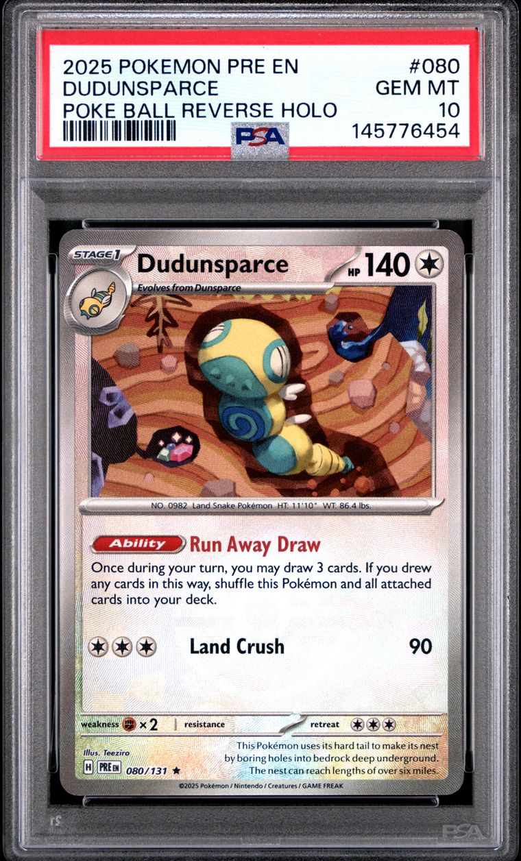 PSA 10 2025 Pokemon Pre En-Prismatic Evolutions #080 Dudunsparce Poke Ball Reverse Holo, PSA 10