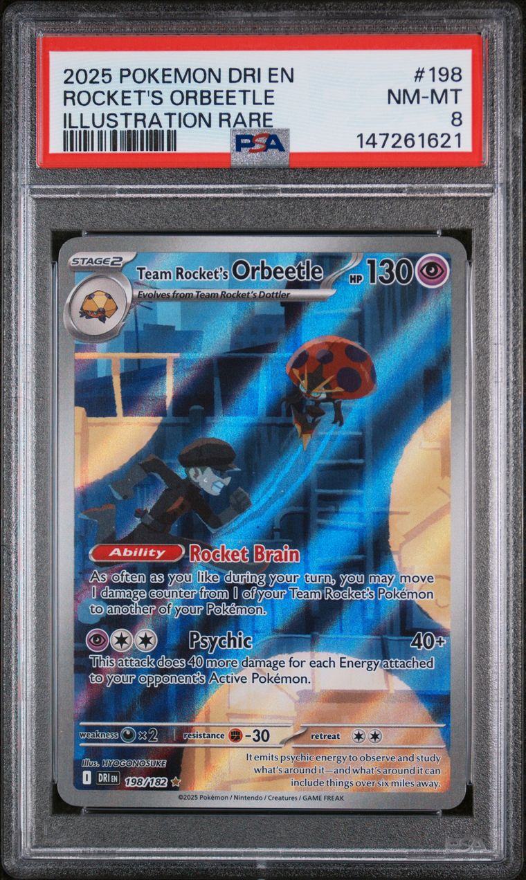 PSA 8 2025 Pokemon Dri En-Destined Rivals #198 Rocket's Orbeetle Illustration Rare, PSA 8