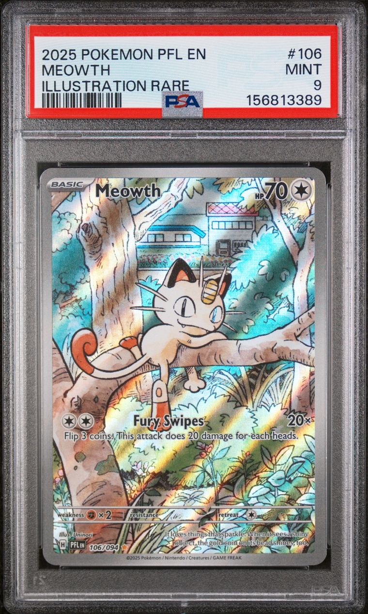 PSA 9 2025 Pokemon Pfl En-Phantasmal Flames #106 Meowth Illustration Rare, PSA 9