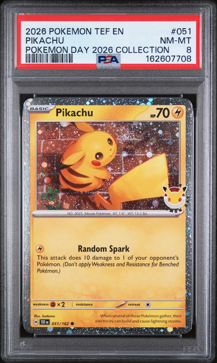 PSA 8 2026 Pokemon Tef En-Temporal Forces #051 Pikachu Pokemon Day 2026 Collection, PSA 8