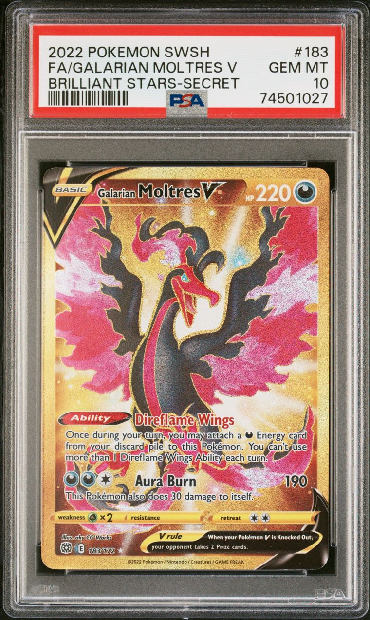 PSA 10 2022 Pokemon Sword & Shield Brilliant Stars 183 Full Art/galarian Moltres V Secret, PSA 10