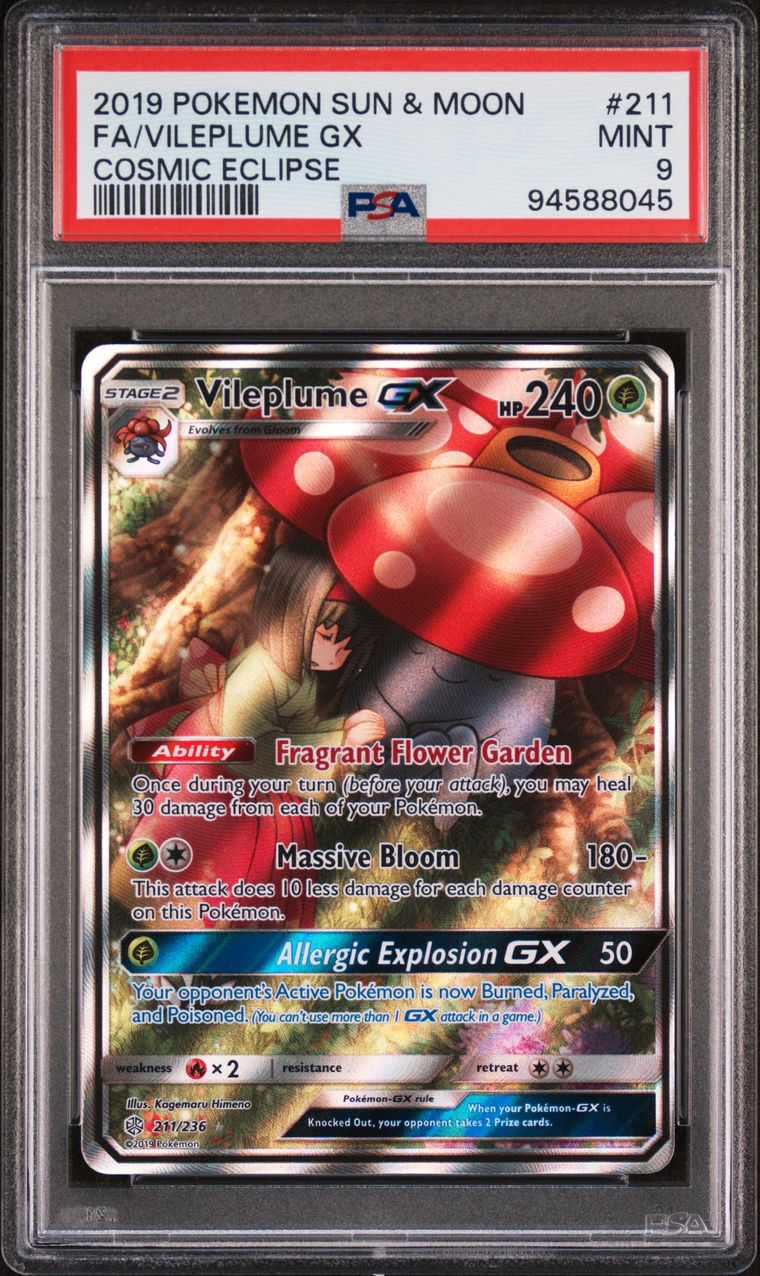 PSA 9 2019 Pokemon Sun & Moon Cosmic Eclipse 211 Full Art/vileplume Gx, PSA 9